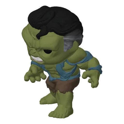 A 3D render of a chibi-style Hulk character with green skin, angry expression, torn clothes, and black hair, posed dynamicall