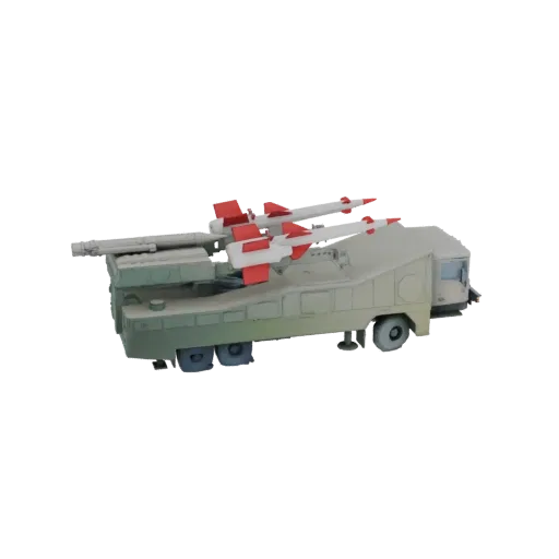 3D model of a mobile missile launcher vehicle with four rockets mounted on a truck chassis, presented against a black backgro
