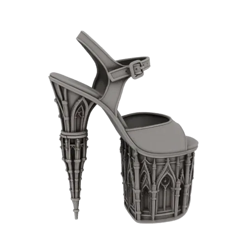 3D model of a pair of stiletto platform heels with intricate gothic cathedral architectural detailing.
