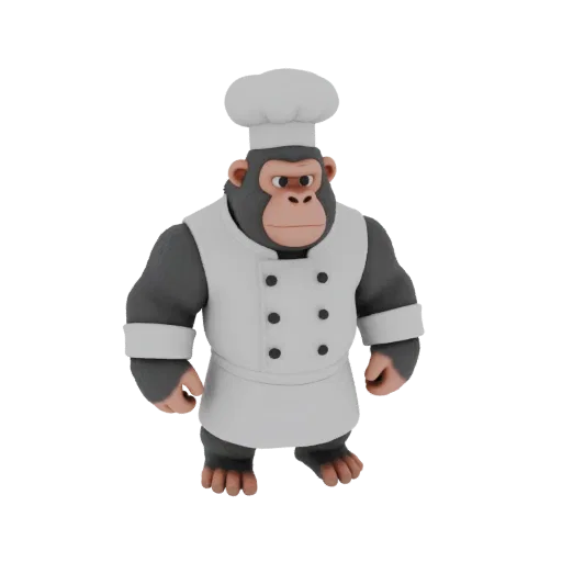3D model of a gorilla chef in a white chef's uniform and hat, standing on a white background.