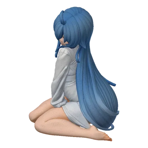 3D model of a blue-haired girl sitting peacefully, wearing a white garment, with long flowing blue hair.
