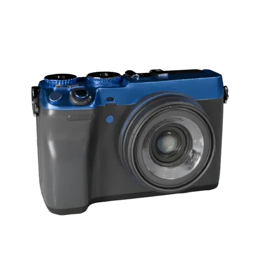 Mirrorless Drone Camera Stylized 3D model, stylized isometric render, showing textured grips, lens barrels.