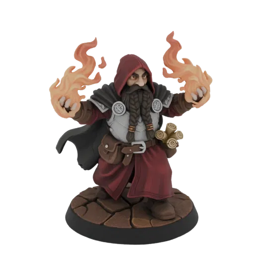 3D model of a Dwarf Fire Mage with a braided beard, wearing a red robe and armor, casting fire spells on a cobblestone base.