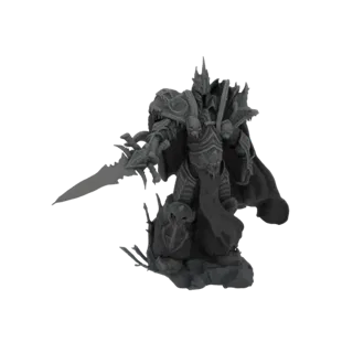 3D model of a Lich King in dark armor, holding the Frostmourne sword, standing on a skull-adorned base.