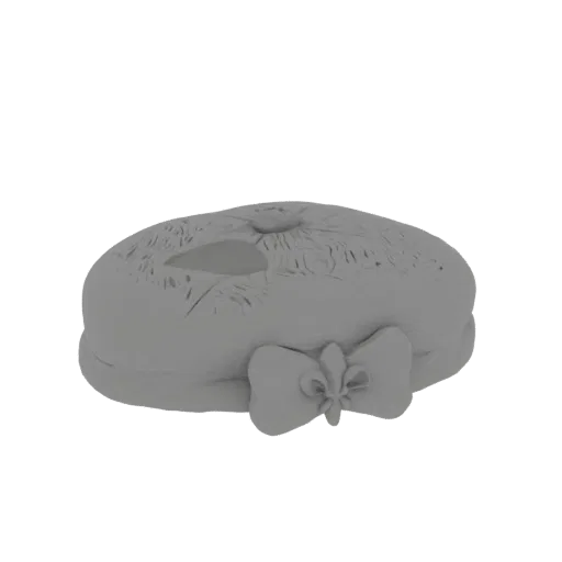 3D model of a grey bowler hat with a decorative bow and fleur-de-lis accent, viewed from the side.