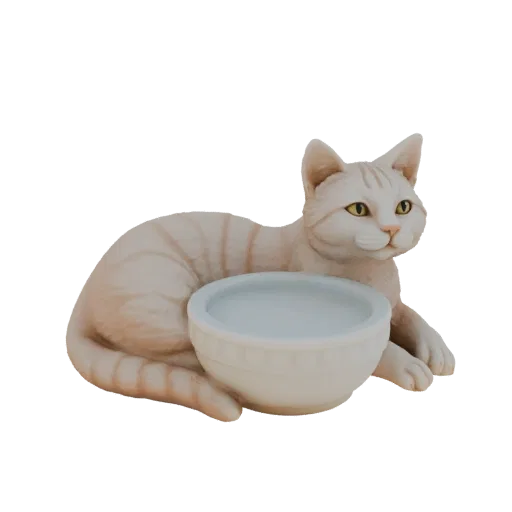 3D model of a ginger tabby cat lying down next to a bowl of milk, with detailed fur texture and bright eyes.
