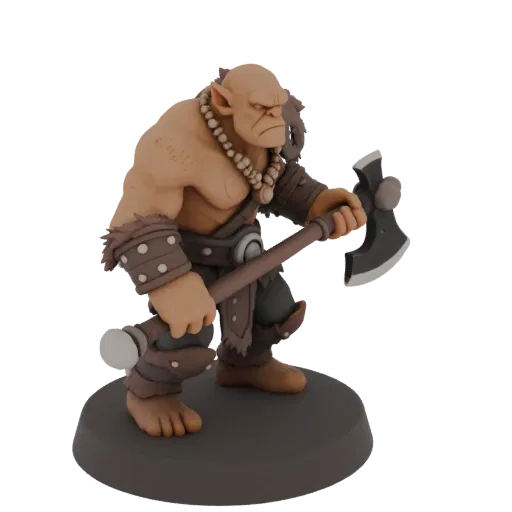 Figurine STL Barbare Orc Fantastique, rendu de table à trois quarts, figurine ennemie imprimable en résine avec hache, armure