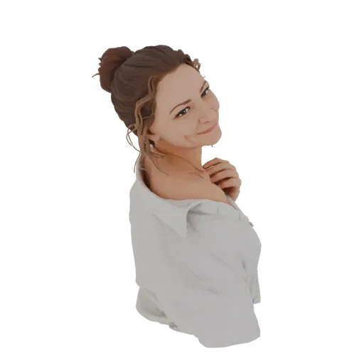 Modello 3D di donna con chignon, sorridente e con camicia bianca, che guarda oltre la spalla.
