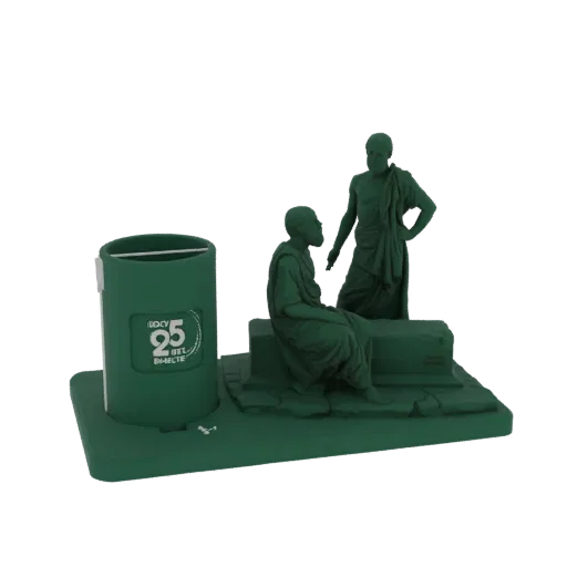 3D model of a desk organizer featuring green statues of Socrates and Plato in a classical setting.