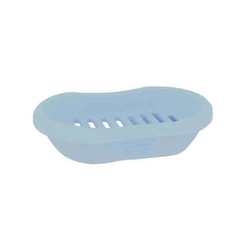 A 3D render of a light blue oval soap dish with multiple drainage slots, presented on a black background.
