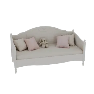 A 3D render of an ornate white daybed with pink and beige pillows and a teddy bear, set against a white background.