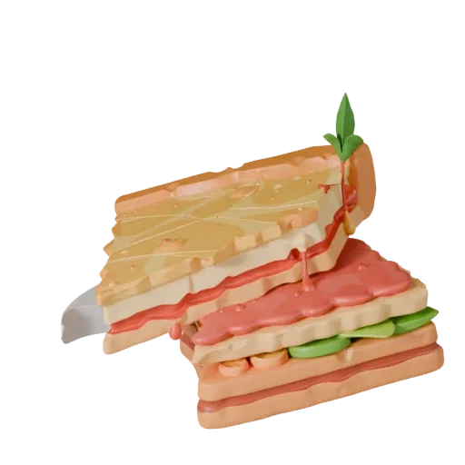 Stilisierte 3D-Pizzaschnitte, stilisierter isometrischer Render, der Saucen und eine angerichtete Komposition zeigt.