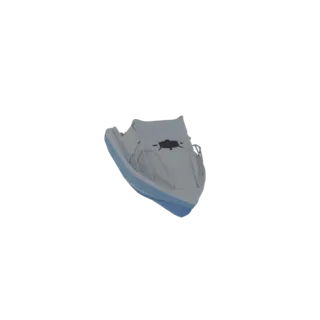 3D model of a light blue inflatable boat with a grey canopy and a black steering wheel, viewed from a slight angle.