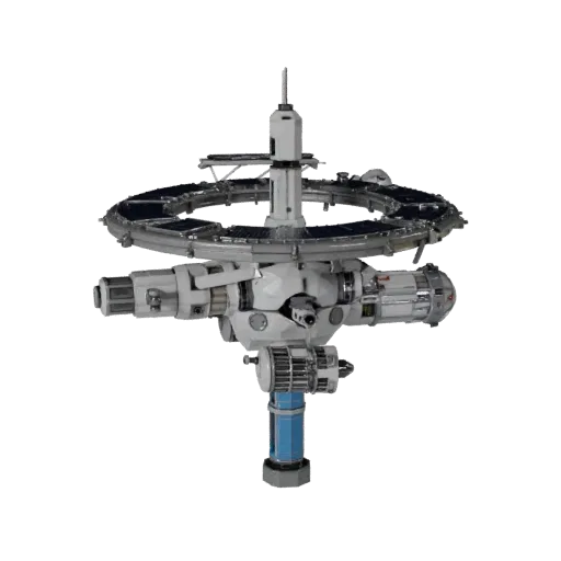Deep Space Station Low Poly 3D model, game viewport three-quarter view, showing metal modules, modular station layout.