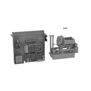 3D model of an industrial workshop scene with a truck on a lift, tools, and storage elements.
