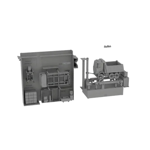 3D model of an industrial workshop scene with a truck on a lift, tools, and storage elements.