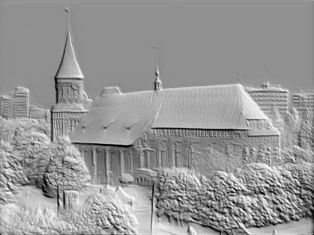 3D-Modell Basrelief Kant-Insel-Dom, Vorderansicht mit detailliertem Turm und Fassade.