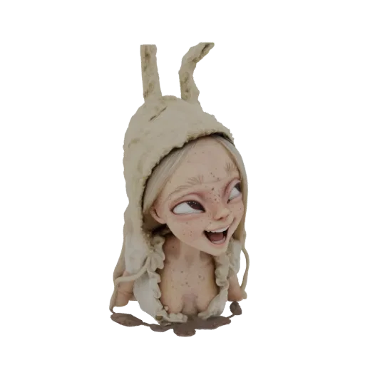 3D model of a whimsical girl with freckles and a bunny ear hood, looking to the side with a wide smile.