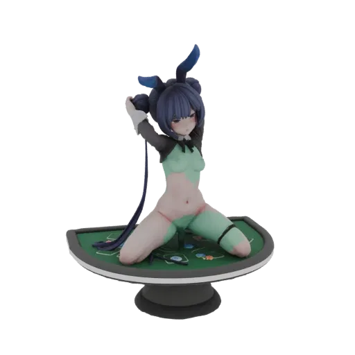 3D model of an anime-style bunny girl kneeling on a miniature casino table with poker chips and cards.