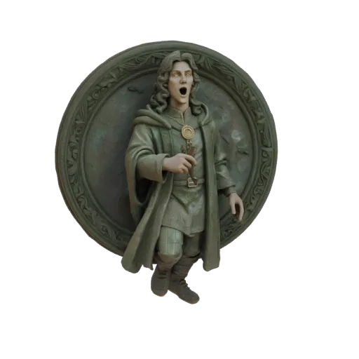 3D model of Salazar Slytherin statue with open mouth, holding a key, against a circular bas-relief background.