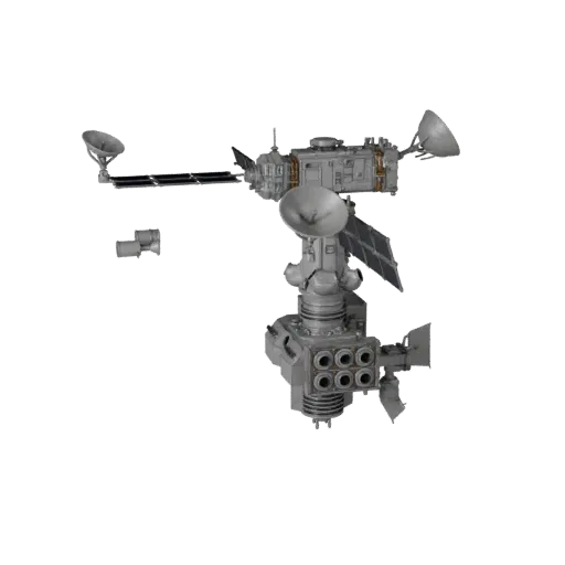 Research Relay Station 3D model, three-quarter front view, Unity viewport, showing solar panels, spacecraft silhouette.