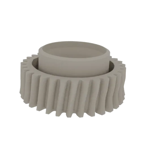Render 3D de engranaje helicoidal beige con cubo interior central, mostrando sus dientes angulados y núcleo cilíndrico.