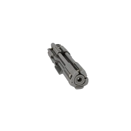 Modelo 3D de bastão retrátil fechado, cor cinza, com textura de metal detalhada.