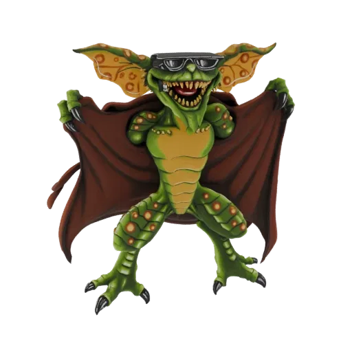 3D model of a green Gremlin character wearing black sunglasses and a brown cape, with sharp teeth and claws.