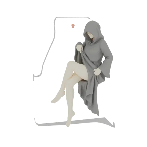 3D model render of a mysterious figure wearing a dark grey hooded robe, seated with legs crossed, partially lifting the robe.