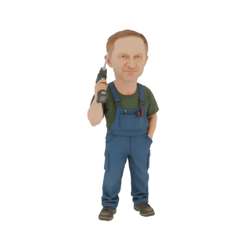 3D model of a male construction worker wearing blue overalls and holding a drill, presented against a black background.