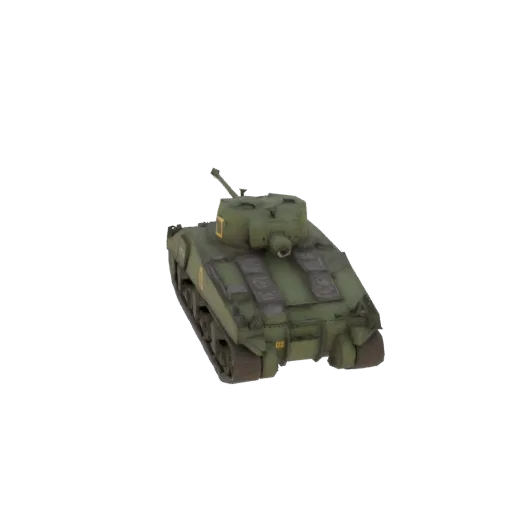 3D-Modell eines grünen M4A3E2 Sherman "Jumbo" Angriffs-Panzers mit dicker Frontpanzerung und T23-Turm, aus leicht erhöhter Fr