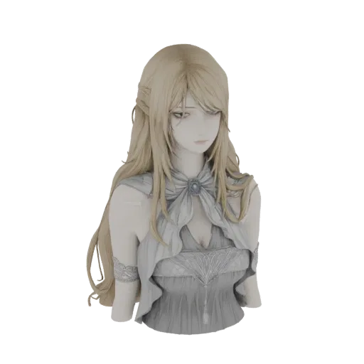 3D model render of an anime girl bust with blonde hair, wearing a grey and white ornate dress, with detailed facial features