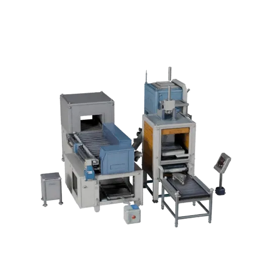 Automated Packing Machine Low Poly 3D model, game viewport three-quarter view, showing painted steel, machine stations.