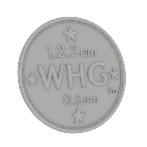 3D model of a silver coin with embossed WHG letters and four stars on the edges