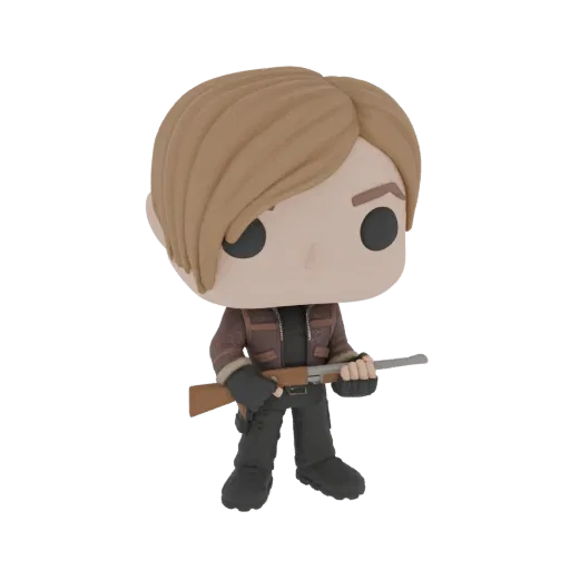 3D model of Leon S. Kennedy from Resident Evil 4 in Funko Pop style, holding a shotgun.
