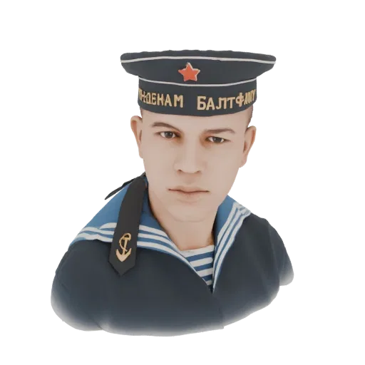 Rendu 3D d'un buste de marin soviétique portant un uniforme sombre et une casquette avec emblème étoile rouge.
