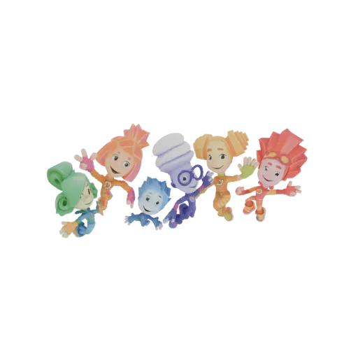 A group of colorful, stylized Fiksiki characters in playful poses, rendered as a 3D model.