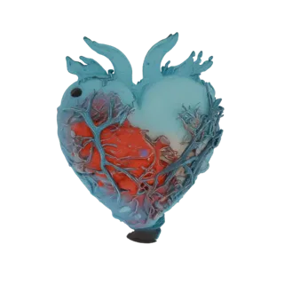 3D model of a stylized anatomical heart with visible red interior and blue, translucent vascular structures.