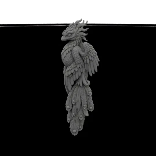 Modèle 3D détaillé d'un pendentif phénix orné gris avec des plumes superposées et une queue fluide, présenté sur fond noir.