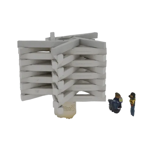 A white geometric stacked structure with two small human figures standing to its right, rendered on a black background.