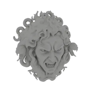 3D model render of Medusa's head with a furious expression and snakes for hair, set against a white background.