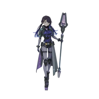 3D model of a sci-fi female warrior with purple accents and an energy staff, rendered against a white background.