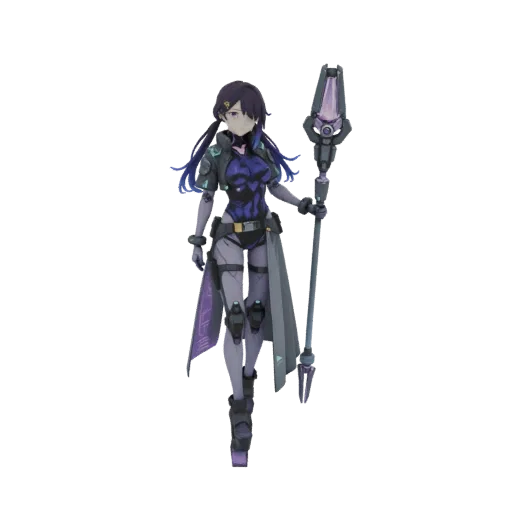 3D model of a sci-fi female warrior with purple accents and an energy staff, rendered against a white background.