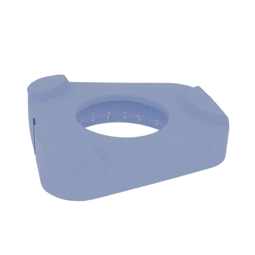 A 3D render of a light blue, triangular toilet seat riser with a central cutout and small ventilation holes around the inner
