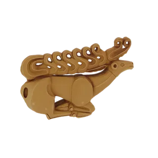 3D model of a stylized reindeer with flowing, ornate antlers, presented in a warm, earthy tone.