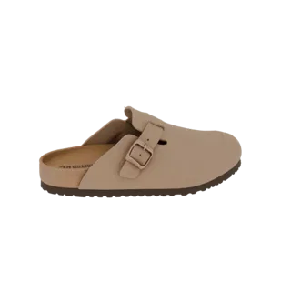 3D model of a classic beige clog with an adjustable buckle and textured sole, shown from a side profile.