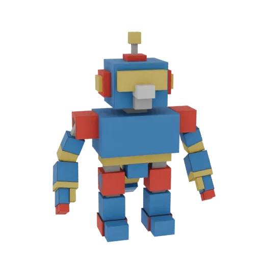 A 3D render of a retro blocky robot with blue, red, and yellow geometric shapes, standing against a black background.