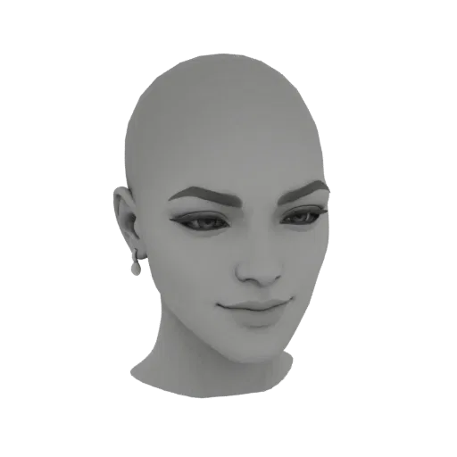 3D model of a stylized bald female head with subtle makeup and a single dangling earring, shown against a black background.