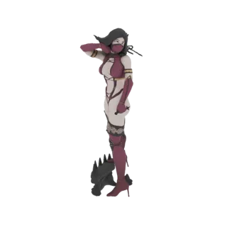 Modelo 3D de Mileena de Mortal Kombat em uma pose impressionante, vestindo sua roupa icônica e sobre uma base temática de dra