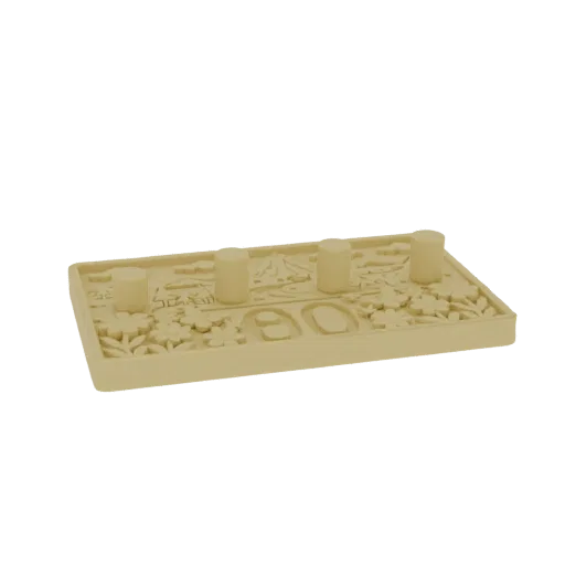 3D model of a Japanese landscape diorama with mountains, flowers, and four cylindrical pillars, rendered in a light beige col